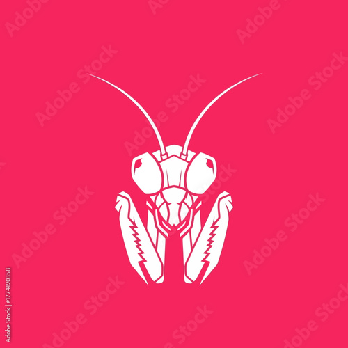 A minimalist white illustration of a praying mantis head against a vibrant pink background.