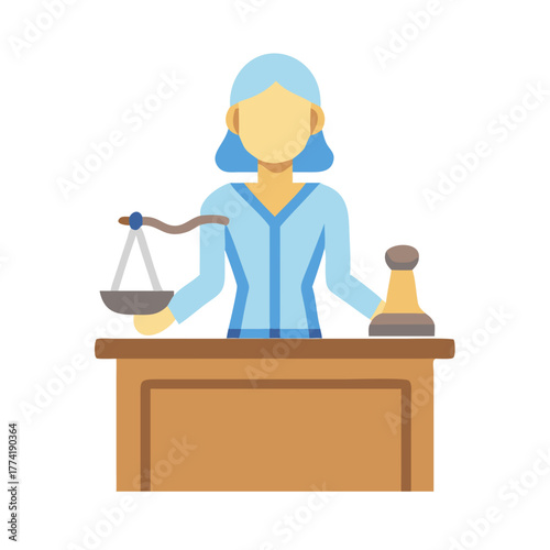 Female judge with scales and gavel behind desk