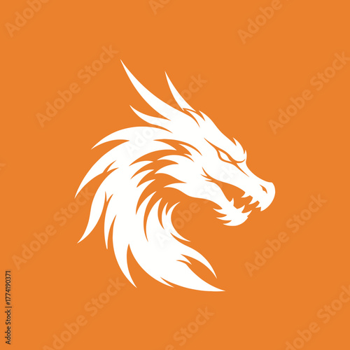 White silhouette of a fierce dragon head with sharp scales and an aggressive expression on a vibrant orange background, symbolizing power and mythology.