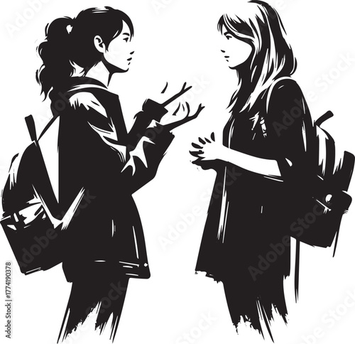 Two young women engrossed in a deep conversation, minimalist bla