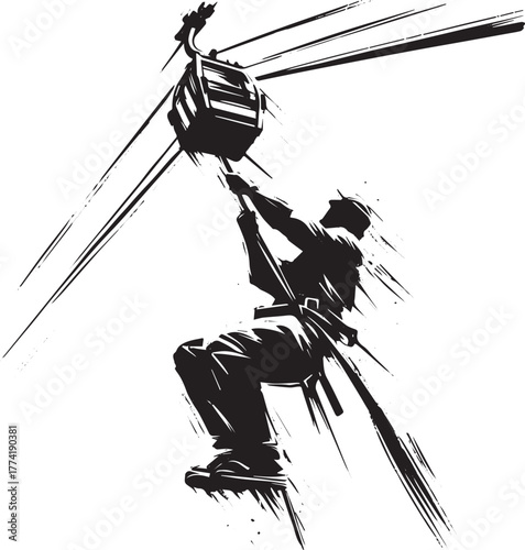 Dramatic monochrome illustration of a silhouette man riding cabl