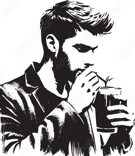 Monochrome depiction of a man sipping a drink through a straw wi