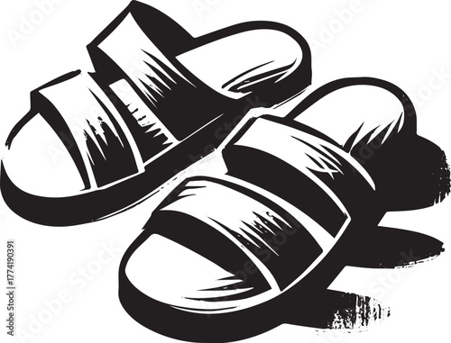 Stylized footwear artwork showcasing two sandals in bold monochr