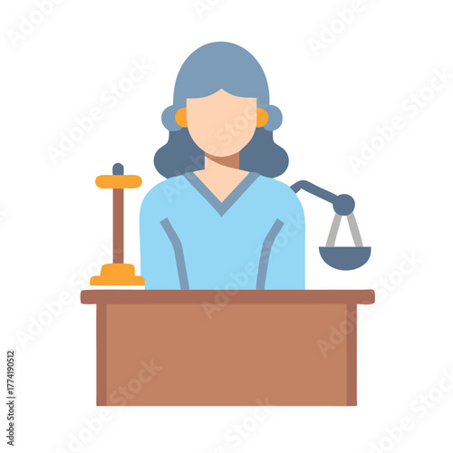 Flat vector graphic of a female judge at desk