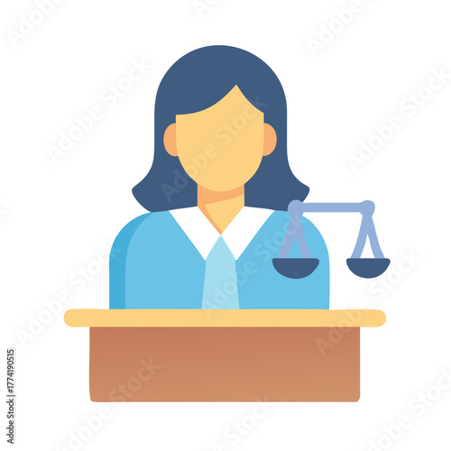 Flat vector icon illustration of a female judge figure