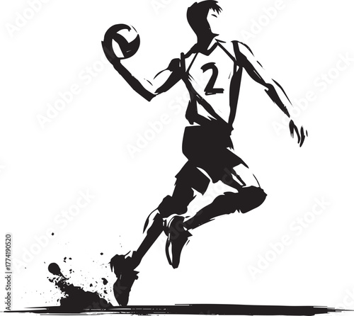 Dynamic sumi-e illustration depicting a male volleyball player i