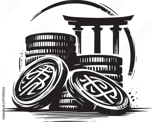 Monochrome Sumi-e Illustration of Stacks of Coins with Asian Arc