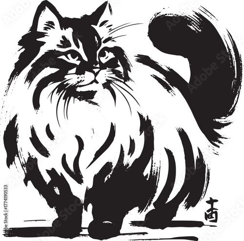 Siberian cat portrait created with traditional ink brush strokes
