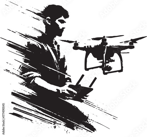 Abstract drone operator in monochrome, dynamic brushstrokes styl