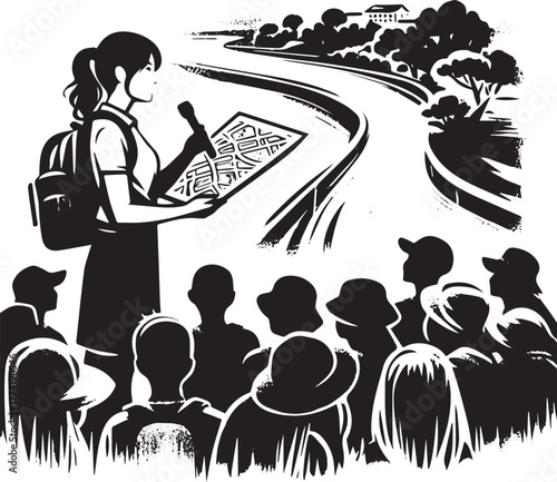 Volunteer briefing for riverside cleanup with map illustration i