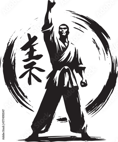 Powerful Sumi-e Illustration of a Determined Figure with Raised