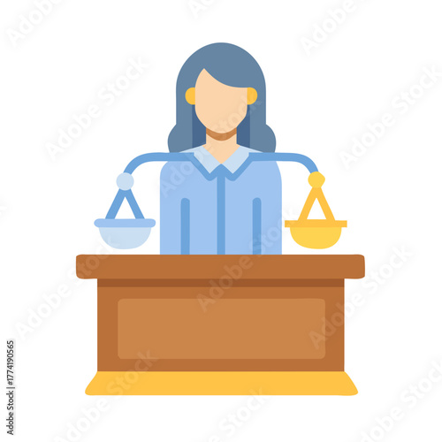 Female judge balances scales of justice in court graphic