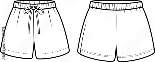Fashion flat sketch, men’s shorts design, drawstring waistband, elastic waist shorts, technical garment drawing, front and back view, apparel illustration, clothing design