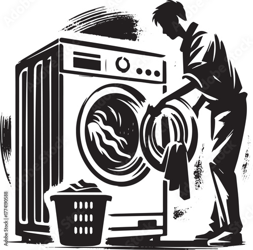 Monochrome Sumi-e Illustration of Laundry Day: Man Loading Washi