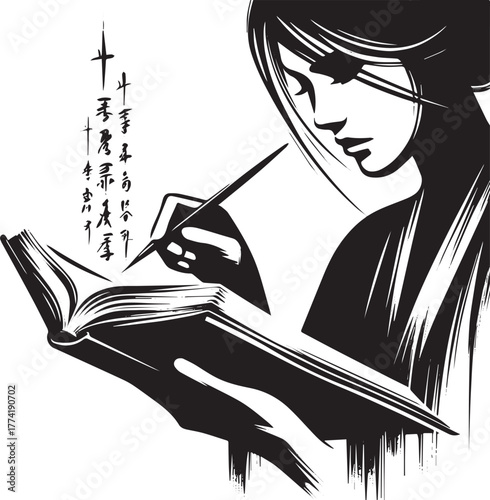 Woman tracing sacred text in sumi-e style, minimalist design and