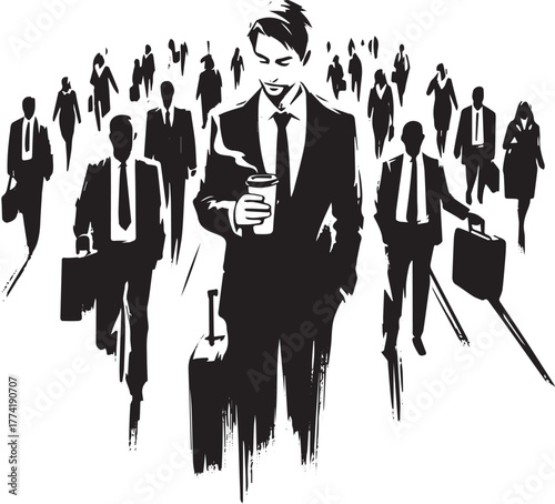 Monochromatic depiction of a man with coffee amid a bustling urb