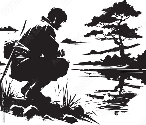 Ink wash illustration of a solitary figure by a serene pond in J