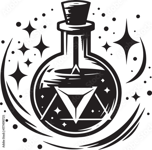 Mystical Elixir Illustration in Sumi-e Style: A Minimalist Alche