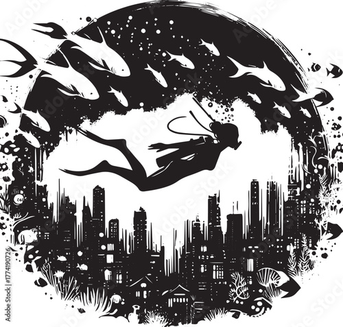 Monochrome underwater cityscape exploration with female diver an