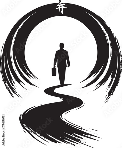 Enso path: Business figure walking on winding road toward open f