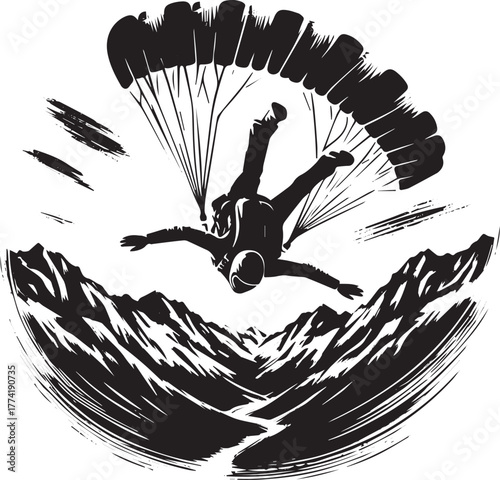 Bold Skydiving Silhouette: Adrenaline-Fueled Descent over rugged