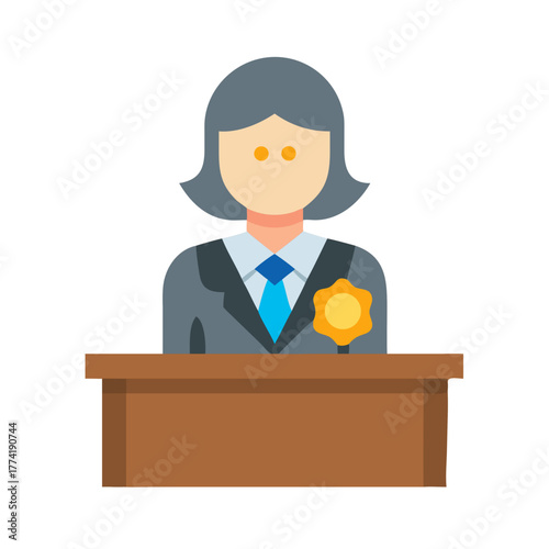 Flat illustration of judge behind podium on black backdrop