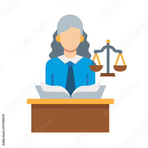Flat graphic icon depicting a female judge with scales
