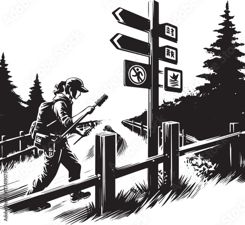 Maintenance worker installing directional trail markers in sumi-