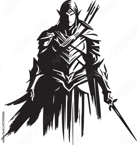 Elven Warrior Sumi-e: Minimalist Illustration of a Fantasy Sword