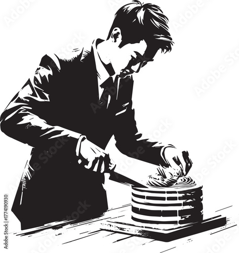 Monochrome illustration of a man meticulously cutting a cake wit