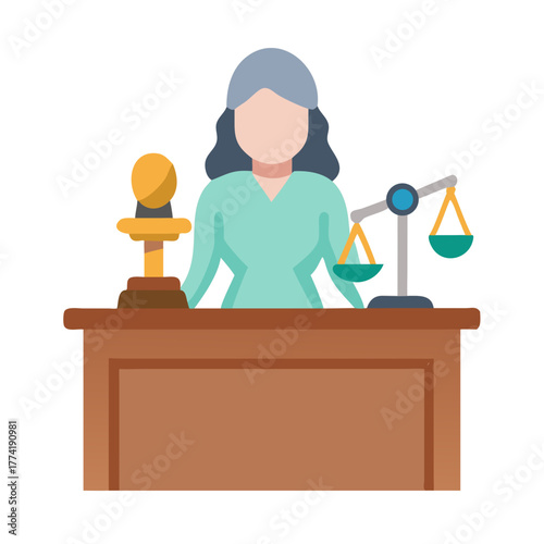 Female judge at the bench with scales of justice