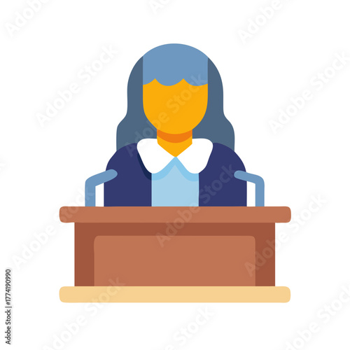 Female judge behind podium in flat vector illustration
