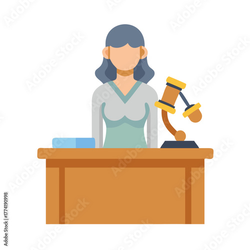 Flat design illustration of judge at desk with gavel