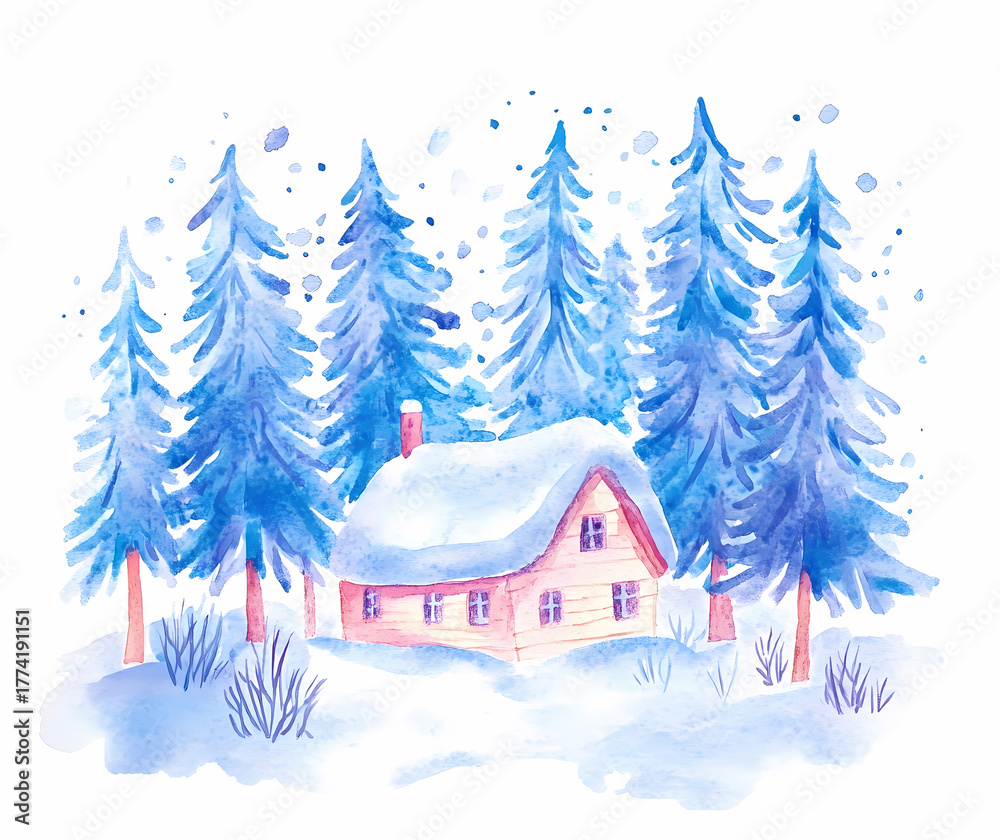 Fototapeta premium Winter Watercolor Cabin in Forest