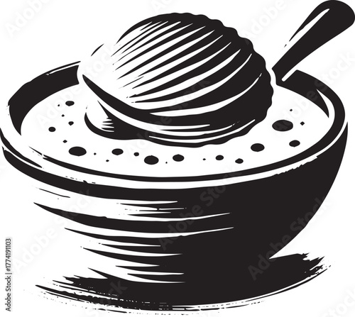 Elegant Clam Chowder in Sumi-e Style Illustration with Spoon, Mi