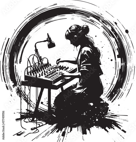 Woman creating music on experimental synthesizer in sumi-e art s