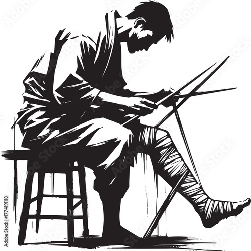 Sumi-e style: man tending to injured leg with splints using trad