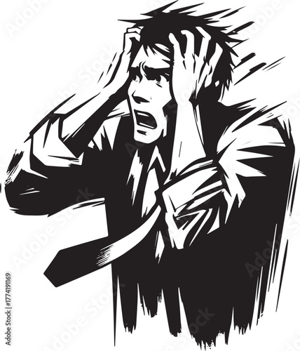 Distressed businessman grasping his head, black and white, hand-