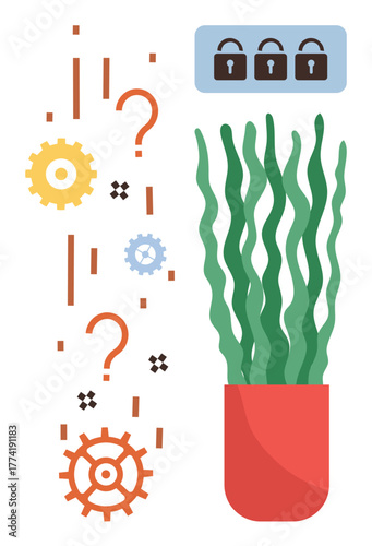 Gears, question marks, locks, and a tall, wavy plant in a pot represent growth, challenges, and problem-solving. Ideal for innovation, process development creativity security teamwork