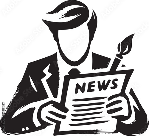 Black News Editor Ink Icon, Abstract Brushstroke Man Reading New