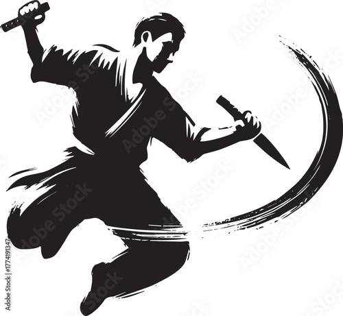 Dynamic brushstroke illustration of a knife thrower with artisti