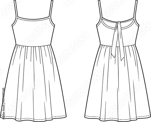 Fashion flat sketch, sleeveless dress design, spaghetti strap style, knee length dress, gathered skirt, technical garment drawing, front and back view, 