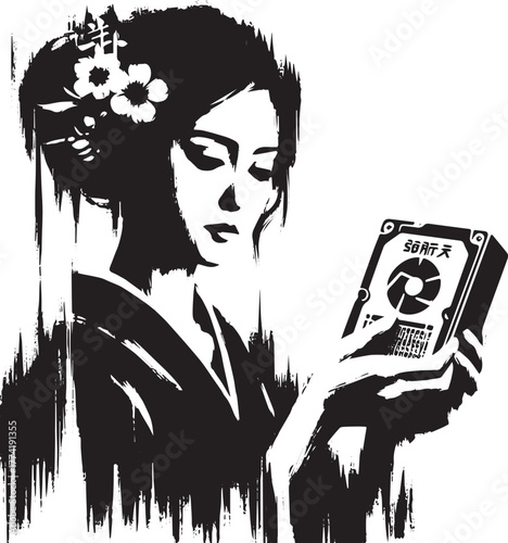 Brushstroke Geisha: Data Storage Device, Minimalist Japanese Ill