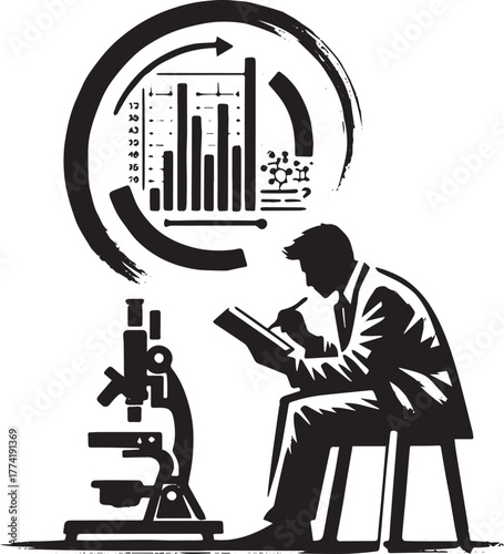 Minimalist sumi-e illustration of a researcher analyzing scienti