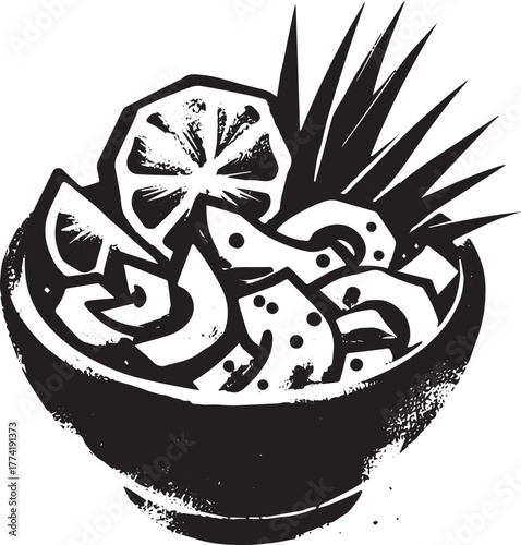 Artistic monochromatic ceviche bowl in rustic style food represe