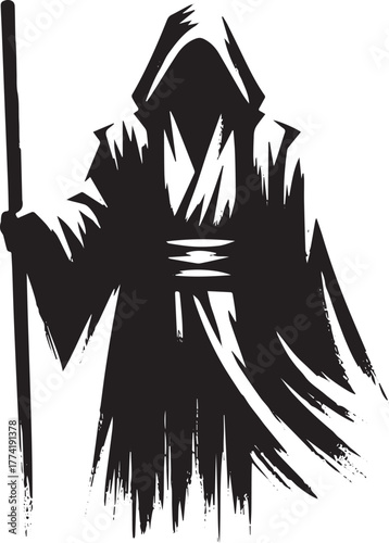 Monochrome depiction of hooded figure with staff in a stylized,