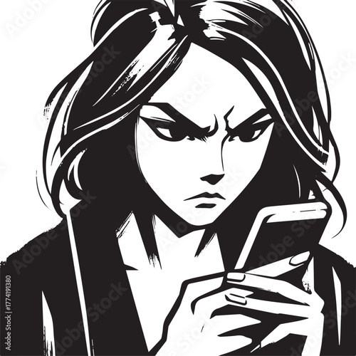 Frustrated woman intently staring at her mobile device in minima