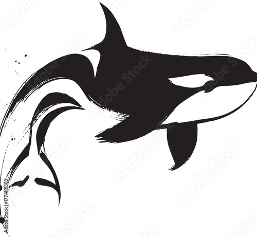 Minimalist orca illustration in dynamic sumi-e style with expres