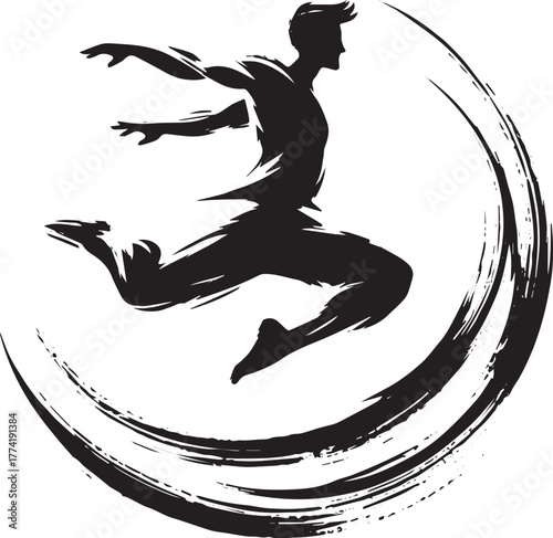Dynamic leap illustration with brush stroke circle in minimalist