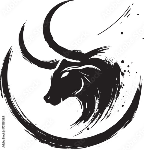 Elegant Taurus Zodiac Sign: Black and White Brush Stroke Art Ill